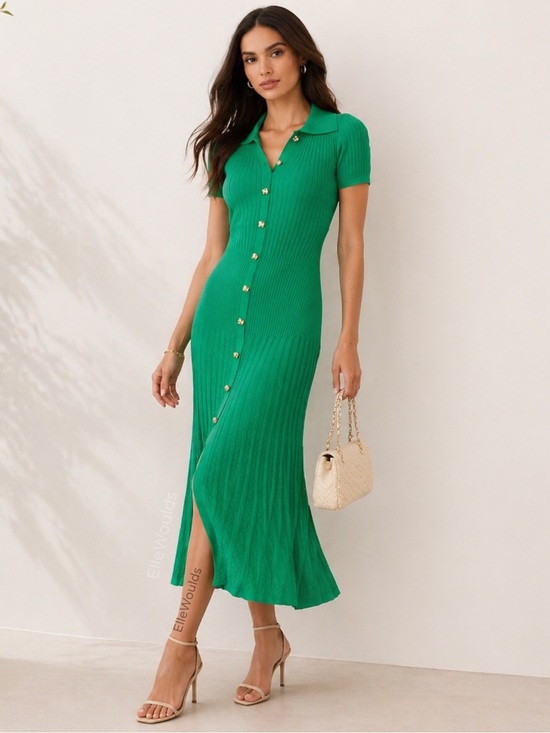 Sandro Dresses & Skirts - Sandro Lorel Dress Green Ribbed Button-Front Polo Midi Size US 8 FR 40